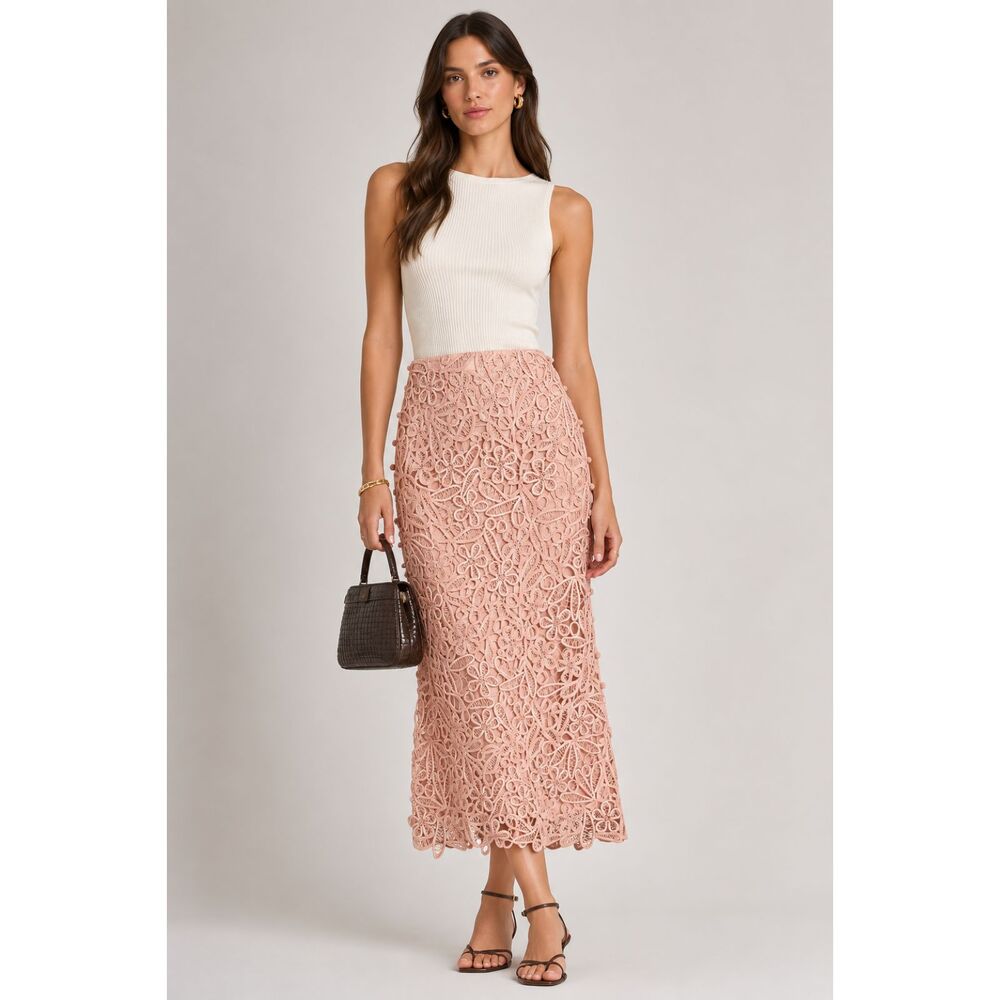 SEA NEW YORK Floral Crochet Midi Skirt Pink Sz 6
